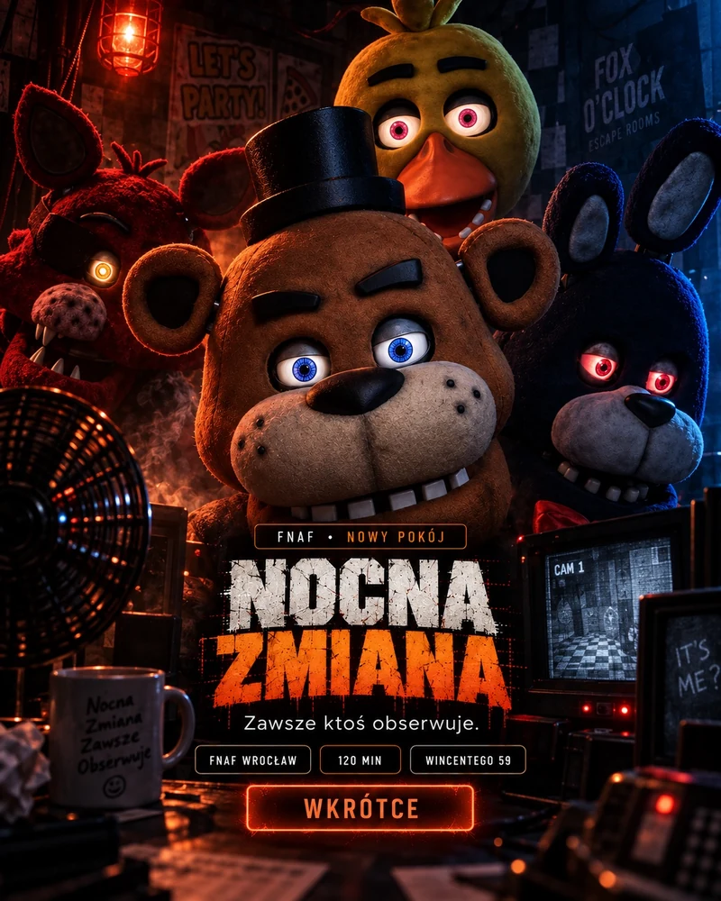 Five Nights at Fox – plakat Nocna Zmiana, escape room FNAF Wrocław